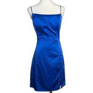 B. Darlin Blue Satin Mini Dress Open Back Tie Spaghetti Strap Size S